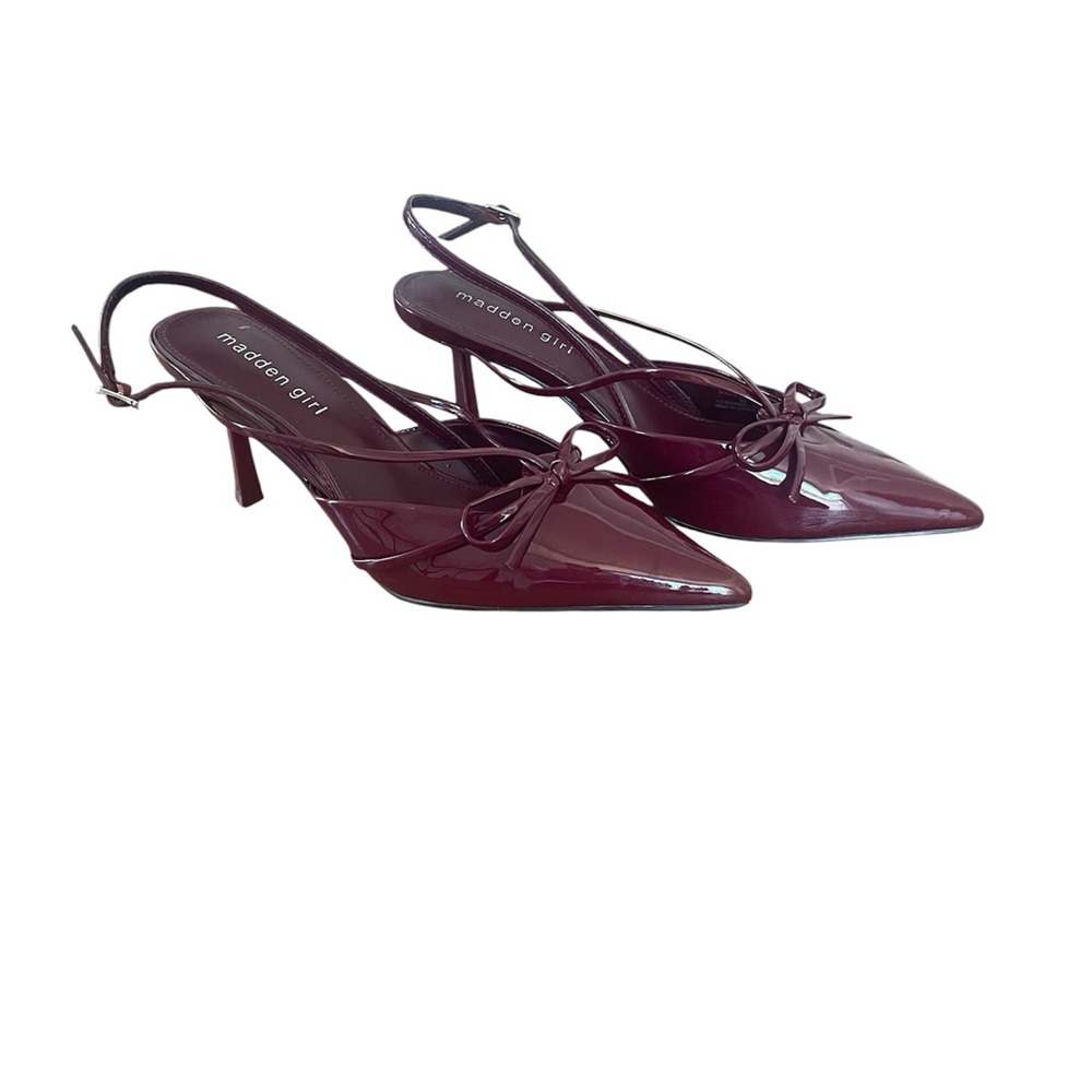 Madden Girl Burgundy Patent Pointed Slingback Pumps with Bow